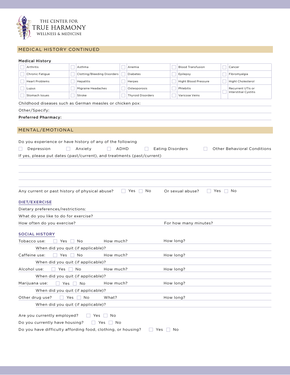 Patient Intake Form - True Harmony, Page 2