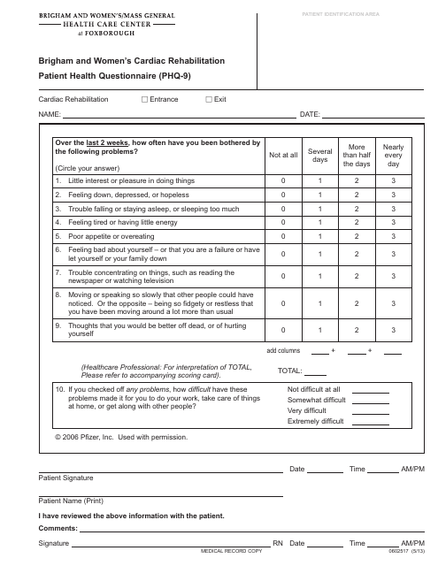 Cardiac Rehabilitation Patient Health Questionnaire (Phq-9) - Brigham and Women's Health Care Center