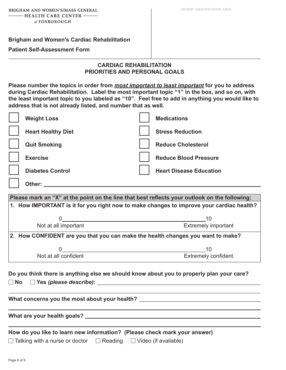 Cardiac Rehabilitation Patient Health Questionnaire (Phq-9) - Brigham and Womens Health Care Center, Page 12