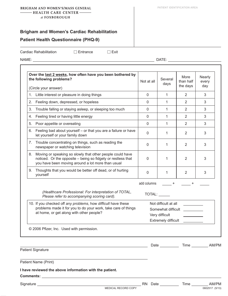 Cardiac Rehabilitation Patient Health Questionnaire (Phq-9) - Brigham and Women's Health Care Center