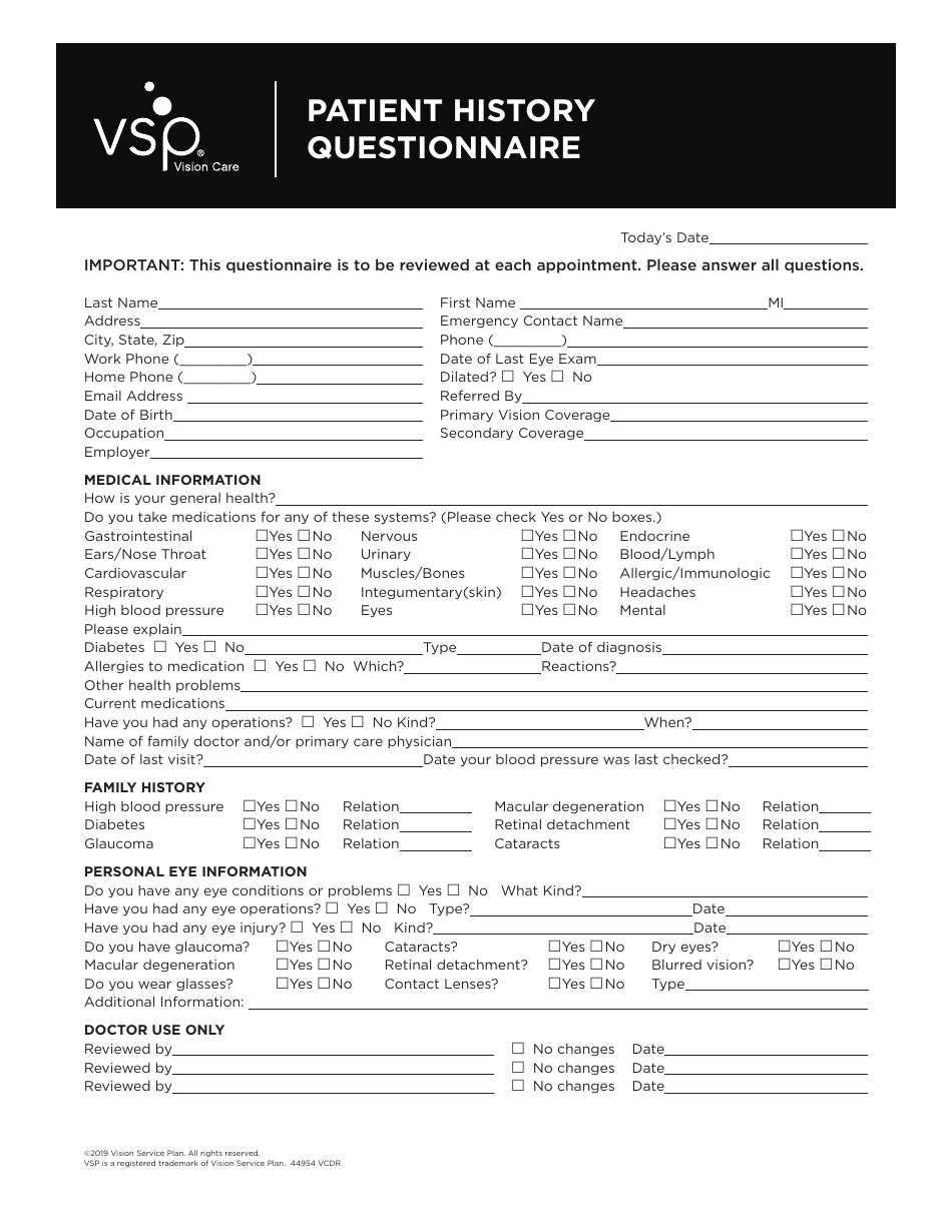 Patient Health Questionnaire template for Vision Service Plan