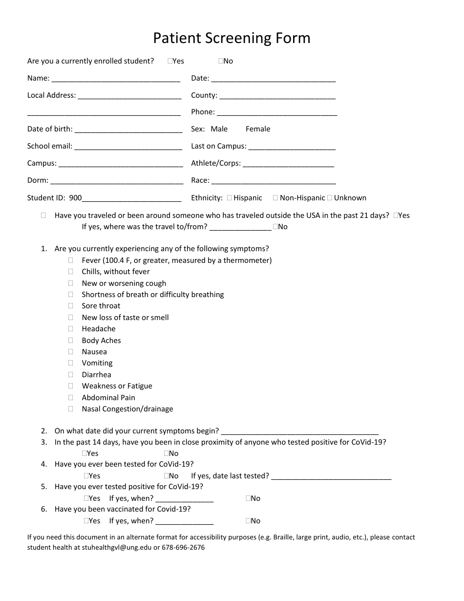 Patient Screening Form - University of North Georgia, Page 1