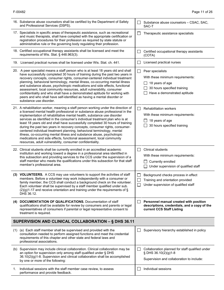 Form F-00482 Comprehensive Community Services (Ccs) for Persons With Mental Disorders and Substance Use Disorders Initial Certification Application - Chapter DHS 36 - Wisconsin, Page 11
