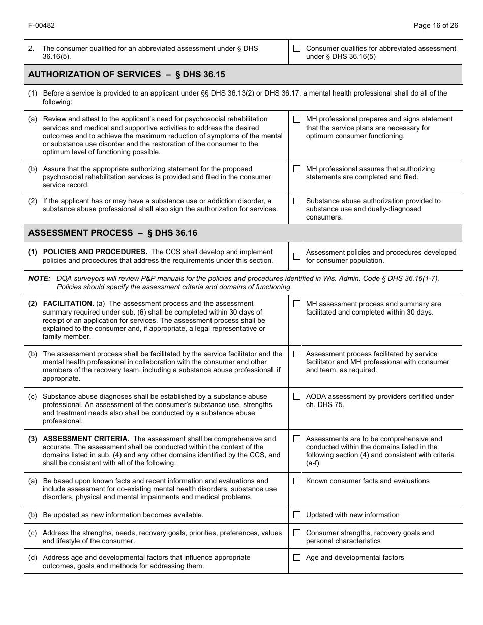 Form F-00482 Comprehensive Community Services (Ccs) for Persons With Mental Disorders and Substance Use Disorders Initial Certification Application - Chapter DHS 36 - Wisconsin, Page 16