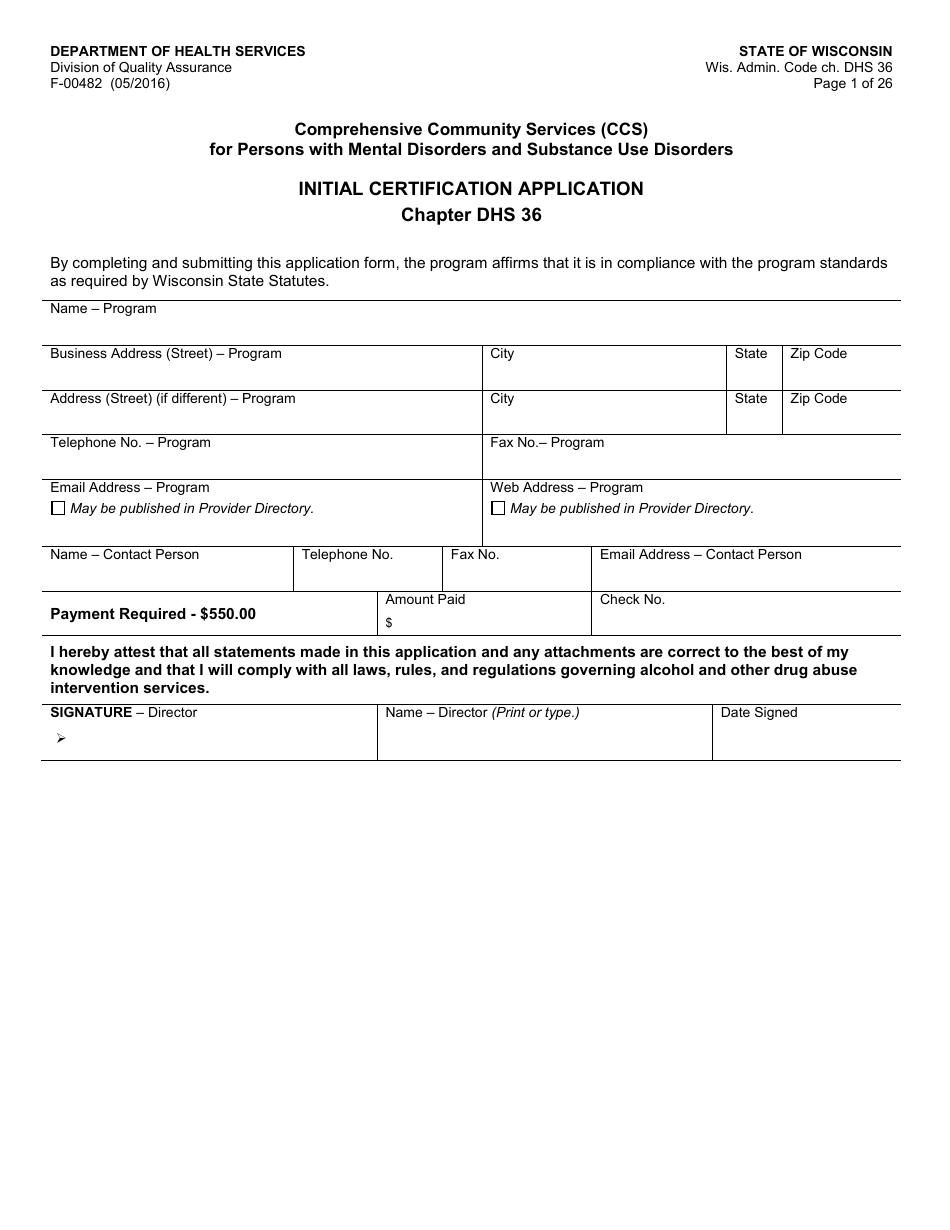Form F-00482 Comprehensive Community Services (Ccs) for Persons With Mental Disorders and Substance Use Disorders Initial Certification Application - Chapter DHS 36 - Wisconsin, Page 1