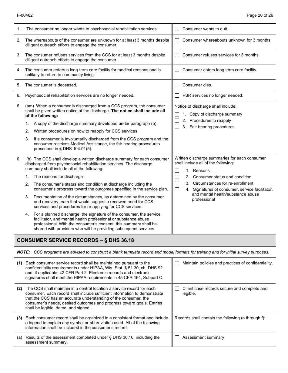 Form F-00482 Comprehensive Community Services (Ccs) for Persons With Mental Disorders and Substance Use Disorders Initial Certification Application - Chapter DHS 36 - Wisconsin, Page 20