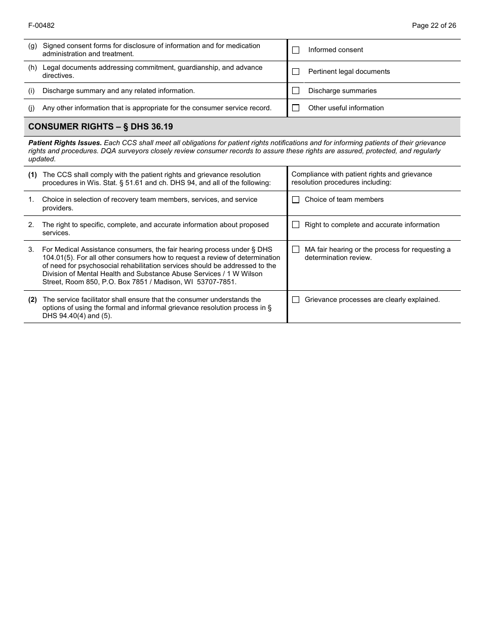 Form F-00482 Comprehensive Community Services (Ccs) for Persons With Mental Disorders and Substance Use Disorders Initial Certification Application - Chapter DHS 36 - Wisconsin, Page 22