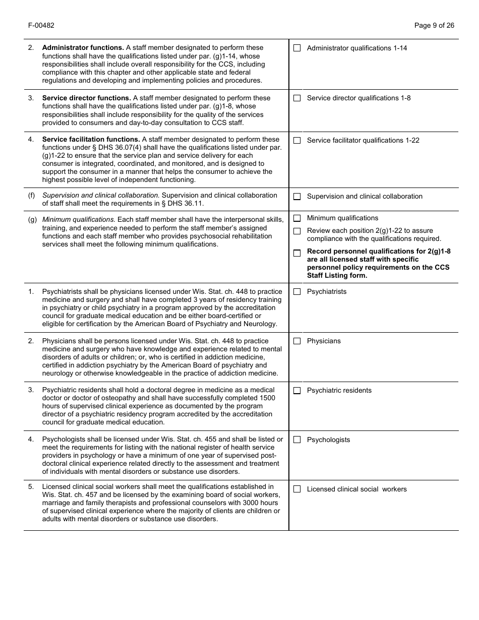 Form F-00482 Comprehensive Community Services (Ccs) for Persons With Mental Disorders and Substance Use Disorders Initial Certification Application - Chapter DHS 36 - Wisconsin, Page 9