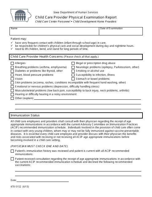 Form 470-5152 Child Care Provider Physical Examination Report - Iowa