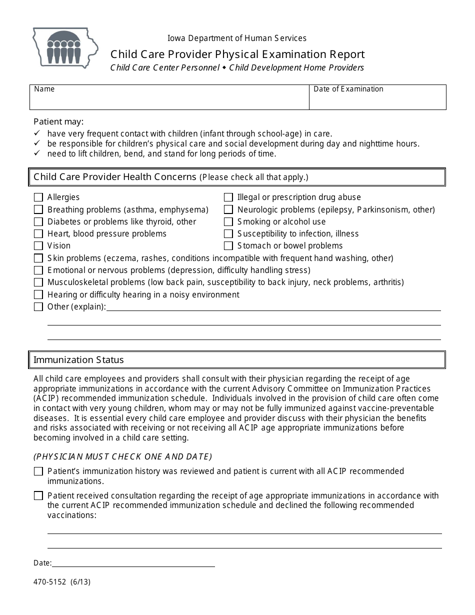 Form 470-5152 Child Care Provider Physical Examination Report - Iowa, Page 1