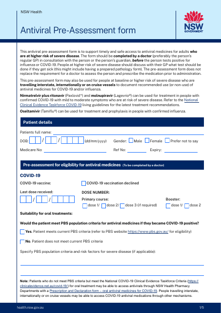 Antiviral Pre-assessment Form - New South Wales, Australia Download Pdf