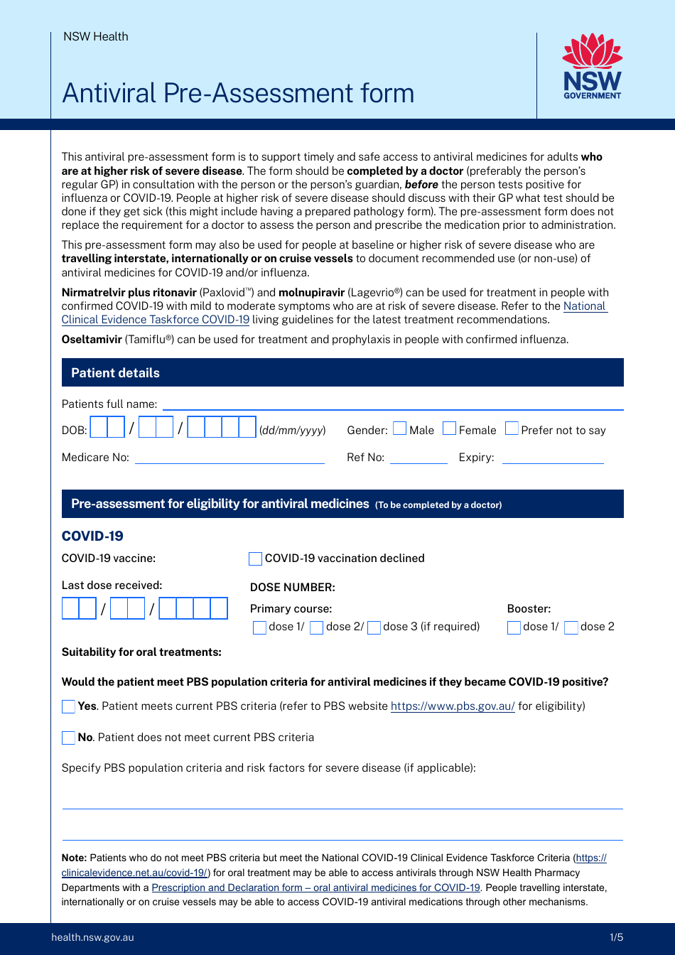 Antiviral Pre-assessment Form - New South Wales, Australia, Page 1