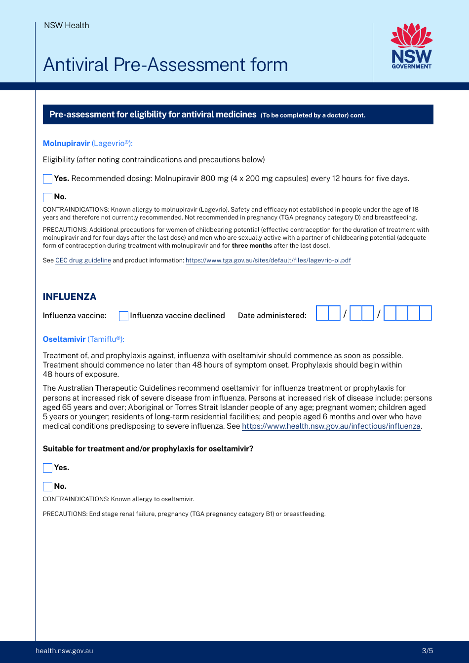 Antiviral Pre-assessment Form - New South Wales, Australia, Page 3