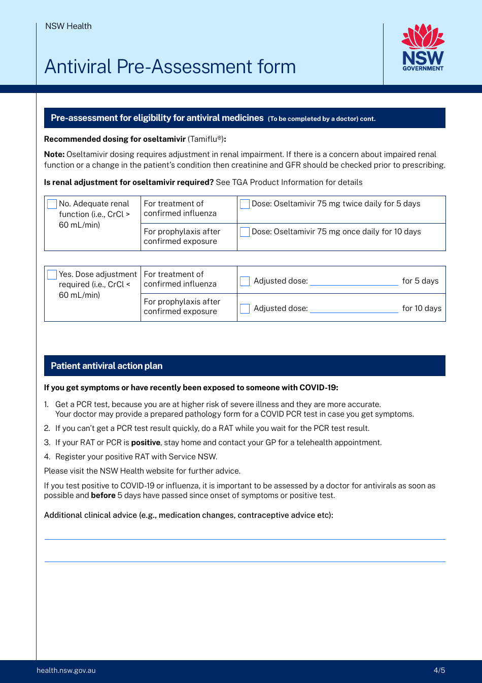 Antiviral Pre-assessment Form - New South Wales, Australia, Page 4