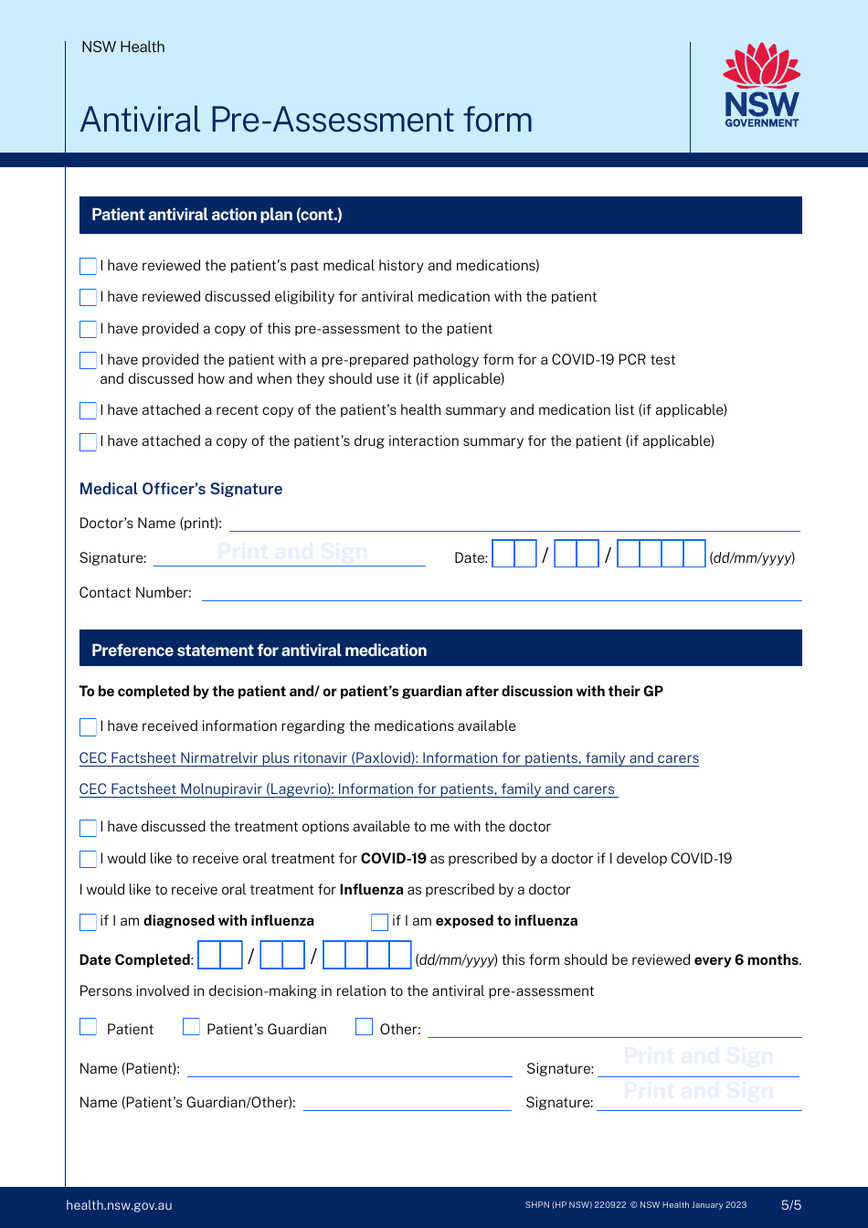Antiviral Pre-assessment Form - New South Wales, Australia, Page 5