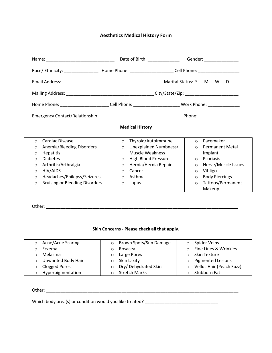 Aesthetics Medical History Form, Page 1