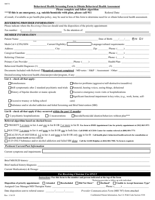 Form MH731 Behavioral Health Screening Form to Obtain Behavioral Health Assessment - County of Los Angeles, California