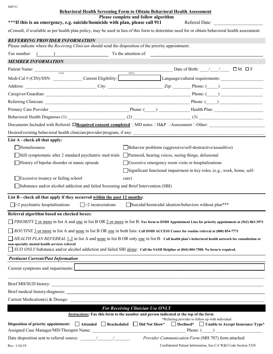 Form MH731 Behavioral Health Screening Form to Obtain Behavioral Health Assessment - County of Los Angeles, California, Page 1