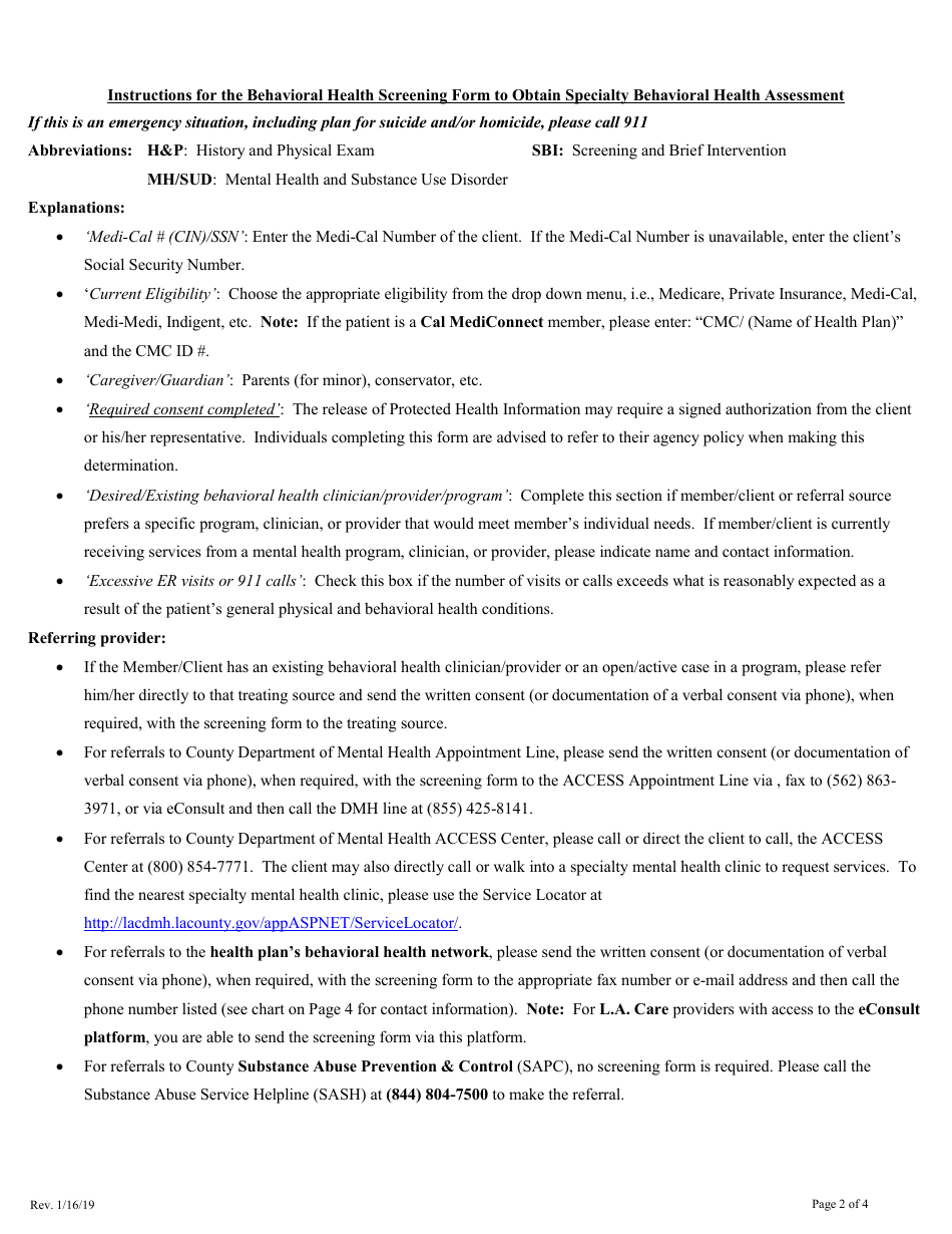 Form MH731 Behavioral Health Screening Form to Obtain Behavioral Health Assessment - County of Los Angeles, California, Page 2