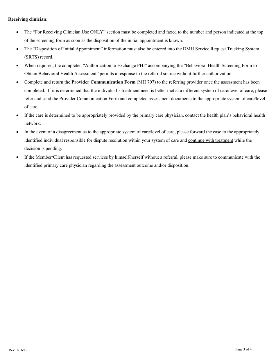 Form MH731 Behavioral Health Screening Form to Obtain Behavioral Health Assessment - County of Los Angeles, California, Page 3