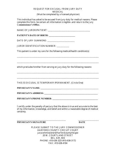 Request for Excusal From Jury Duty - Medical - Harford County, Maryland Download Pdf