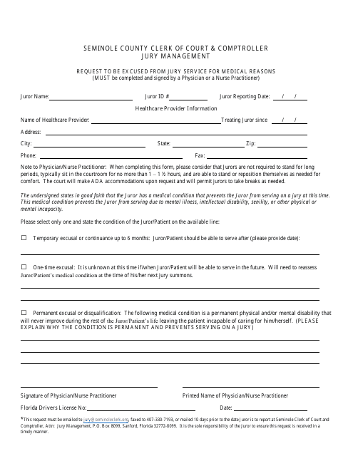 Request to Be Excused From Jury Service for Medical Reasons - Seminole County, Florida Download Pdf