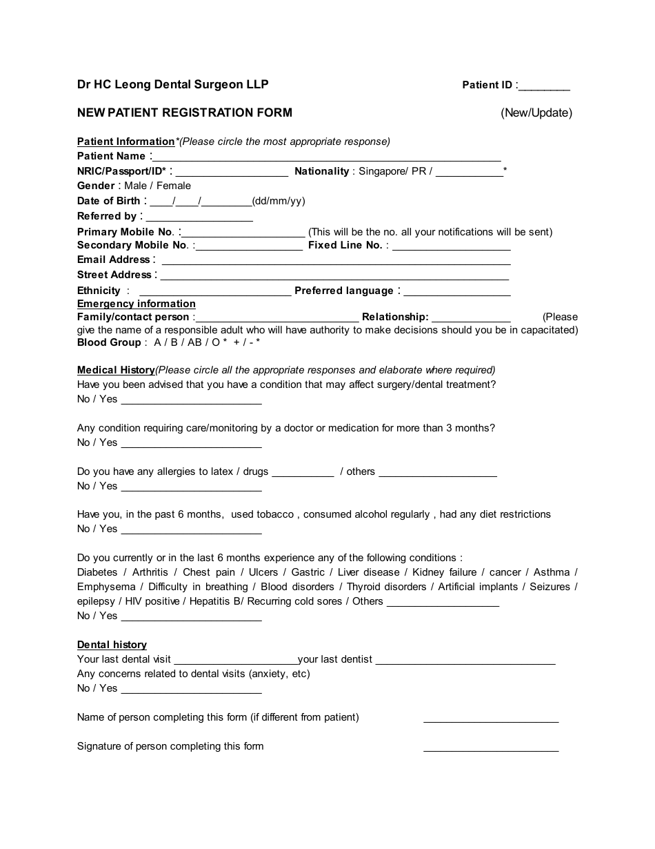 New Patient Registration Form - Dr Hc Leong Dental Surgeon Llp - Fill ...