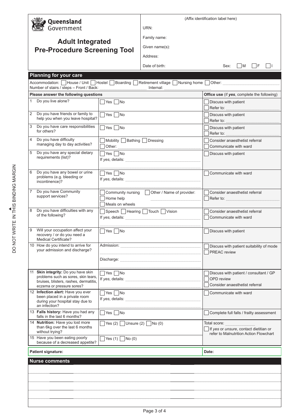 Adult Integrated Pre-procedure Screening Tool - Queensland, Australia, Page 3