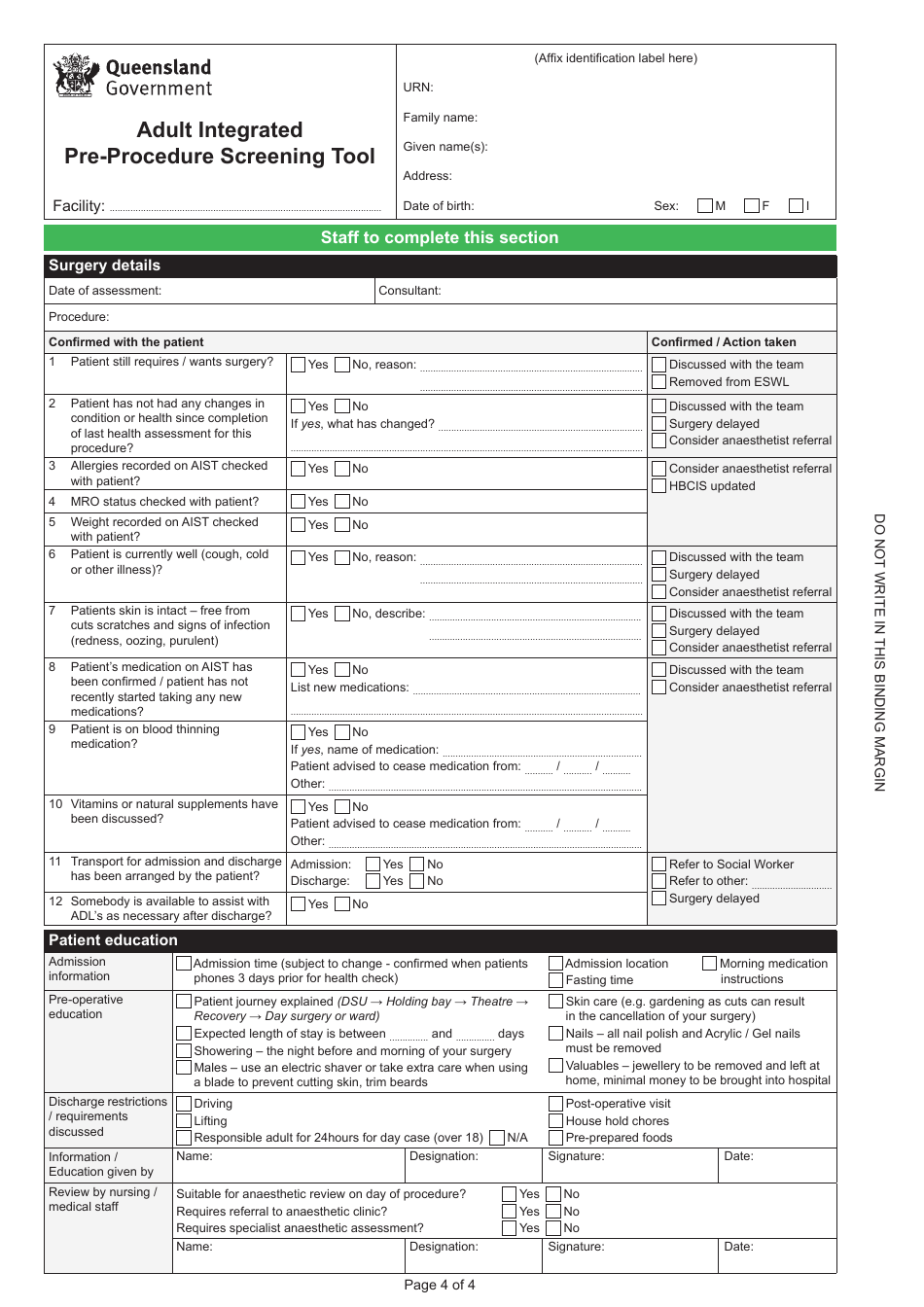 Adult Integrated Pre-procedure Screening Tool - Queensland, Australia, Page 4