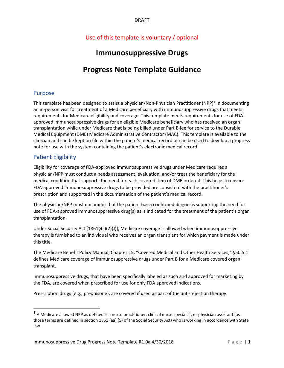 Immunosuppressive Drugs Progress Note Template, Page 1