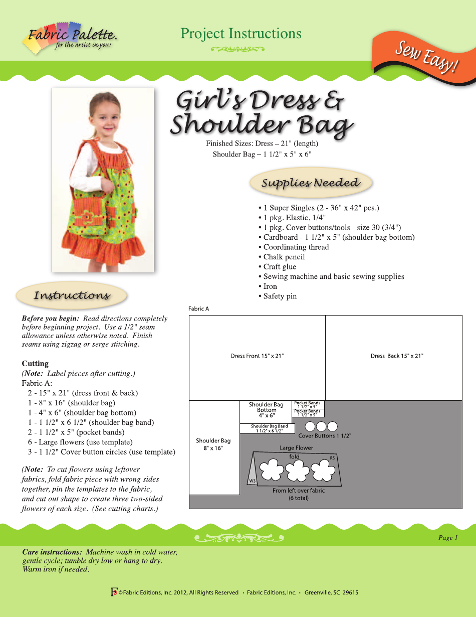 Girl's Dress and Shoulder Bag Sewing Pattern Template Download