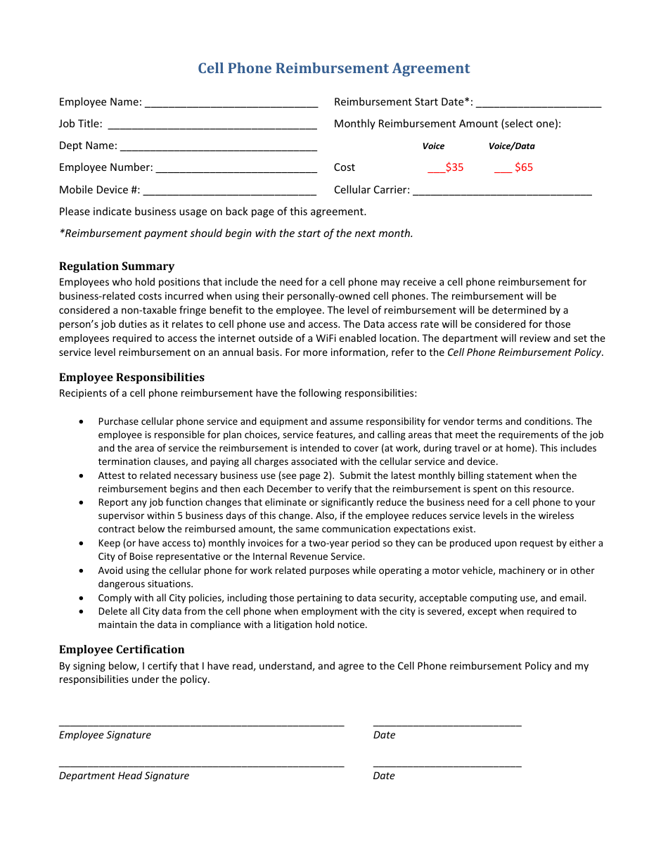 City of Boise, Idaho Cell Phone Reimbursement Agreement Fill Out