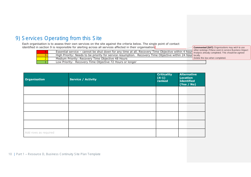 Part 1 Resource D, Site Business Continuity Plan Template - United Kingdom, Page 11