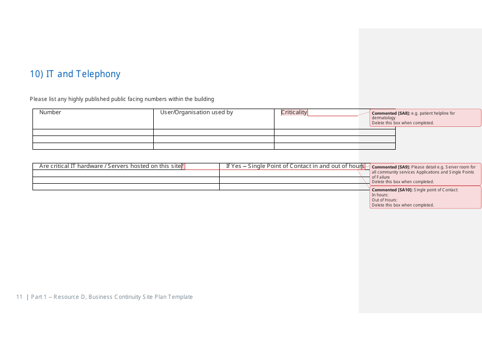 Part 1 Resource D, Site Business Continuity Plan Template - United Kingdom, Page 12