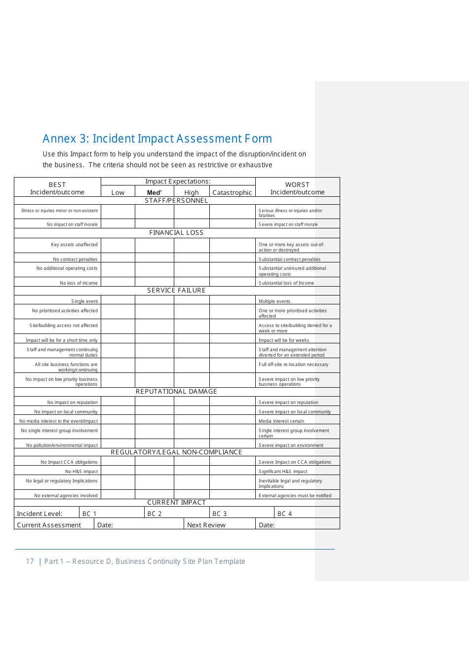 Part 1 Resource D, Site Business Continuity Plan Template - United Kingdom, Page 18
