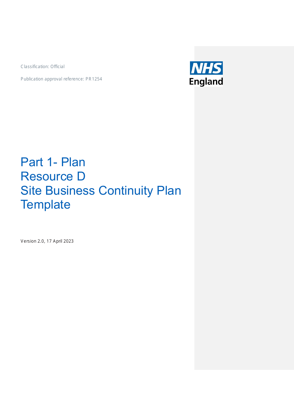 Part 1 Resource D, Site Business Continuity Plan Template - United Kingdom, Page 1