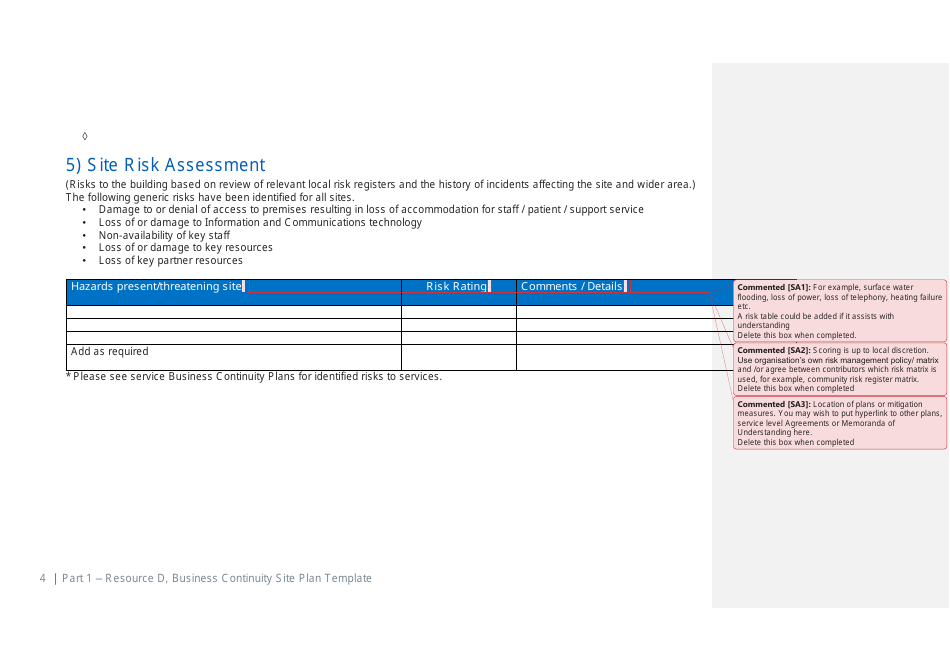 Part 1 Resource D, Site Business Continuity Plan Template - United Kingdom, Page 5