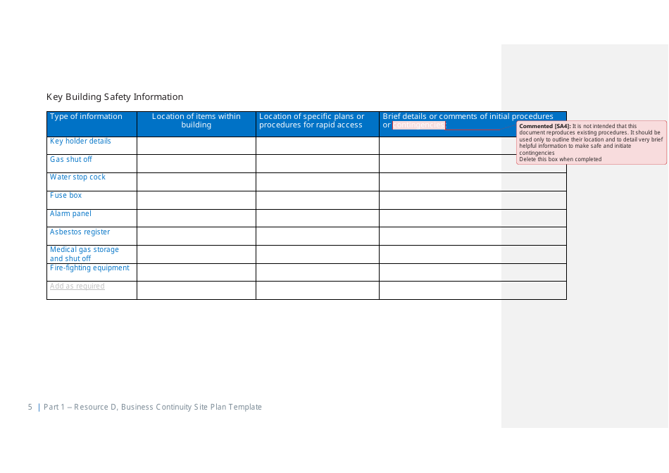 Part 1 Resource D, Site Business Continuity Plan Template - United Kingdom, Page 6