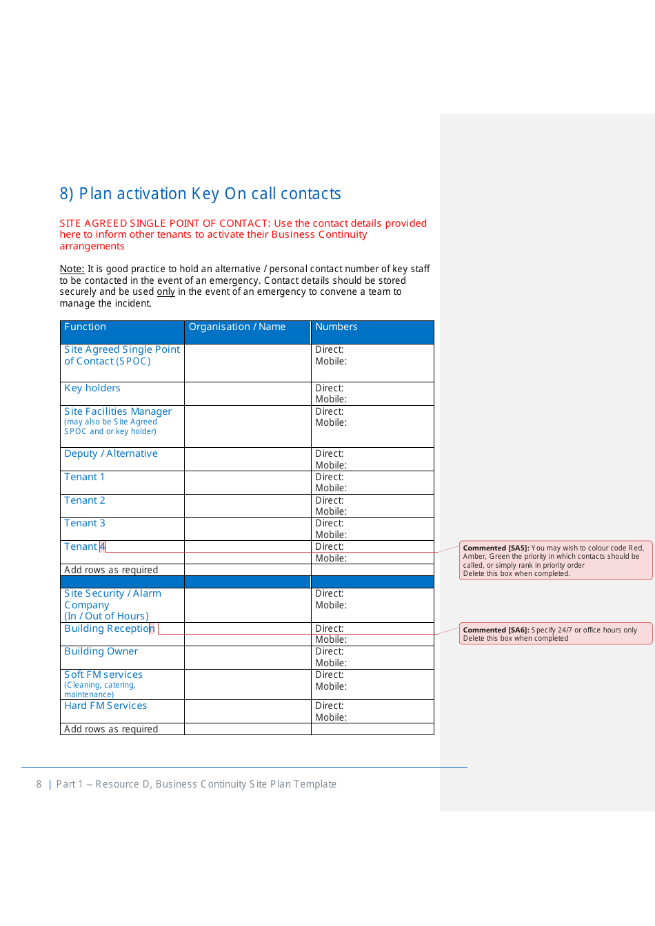 Part 1 Resource D, Site Business Continuity Plan Template - United Kingdom, Page 9