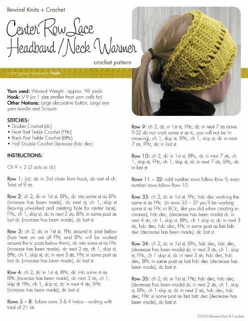 Center Row Sace Headband/Neck Warmer Crochet Pattern