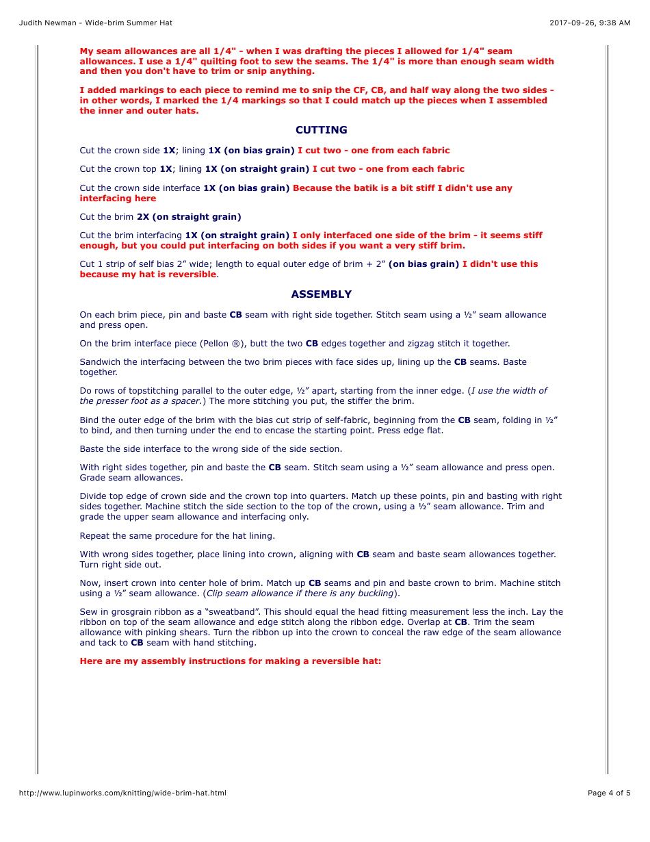 Wide-Brim Summer Hat Knitting / Sewing Pattern, Page 4