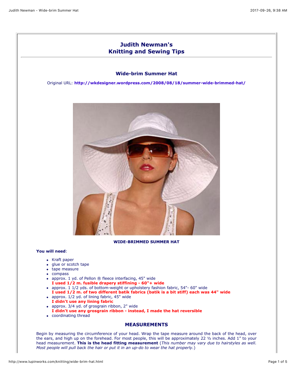 WideBrim Summer Hat Knitting/Sewing Pattern Download Printable PDF