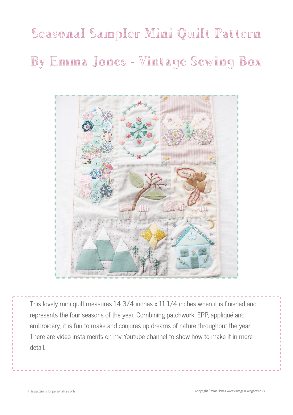 Seasonal Sampler Quilt pattern templates for Emma Jones Vintage Sewing Box