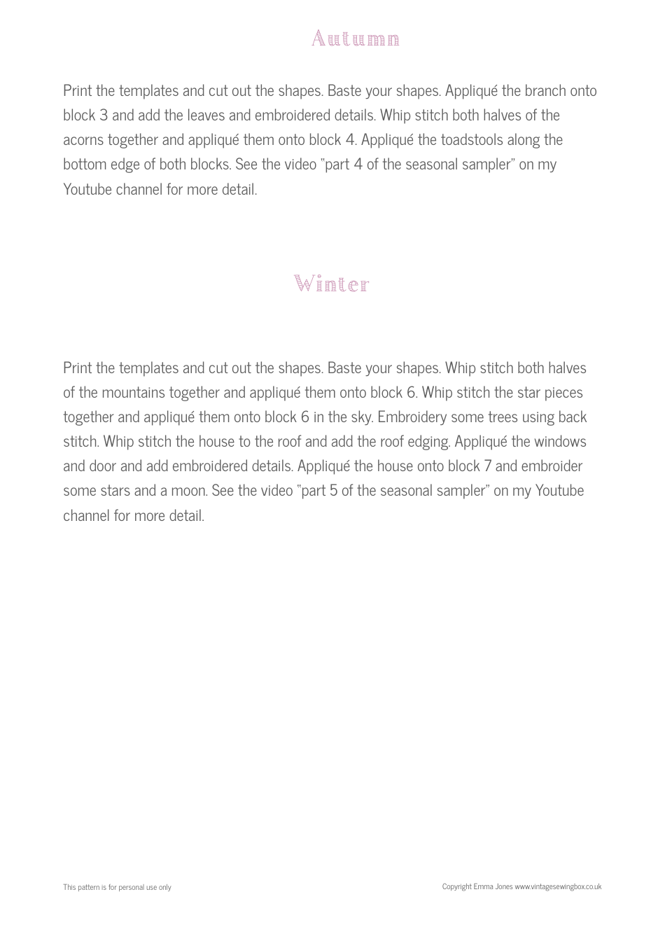 Seasonal Sampler Quilt Pattern Templates - Emma Jones Vintage Sewing Box, Page 9