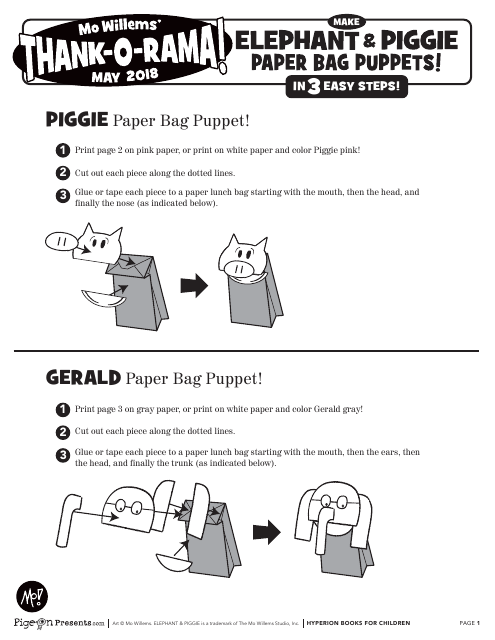 Elephant & Piggie Paper Bag Puppet Templates - Mo Willems