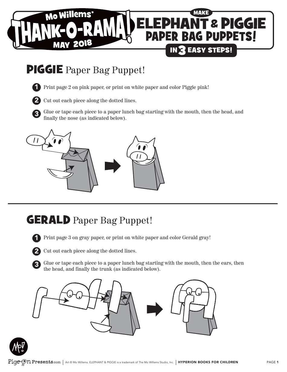 Elephant & Piggie Paper Bag Puppet Templates - Mo Willems