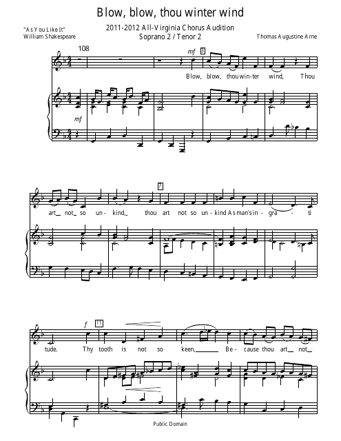 Thomas Augustine Arne - Blow, Blow, Thou Winter Wind Piano Sheet Music Image Preview