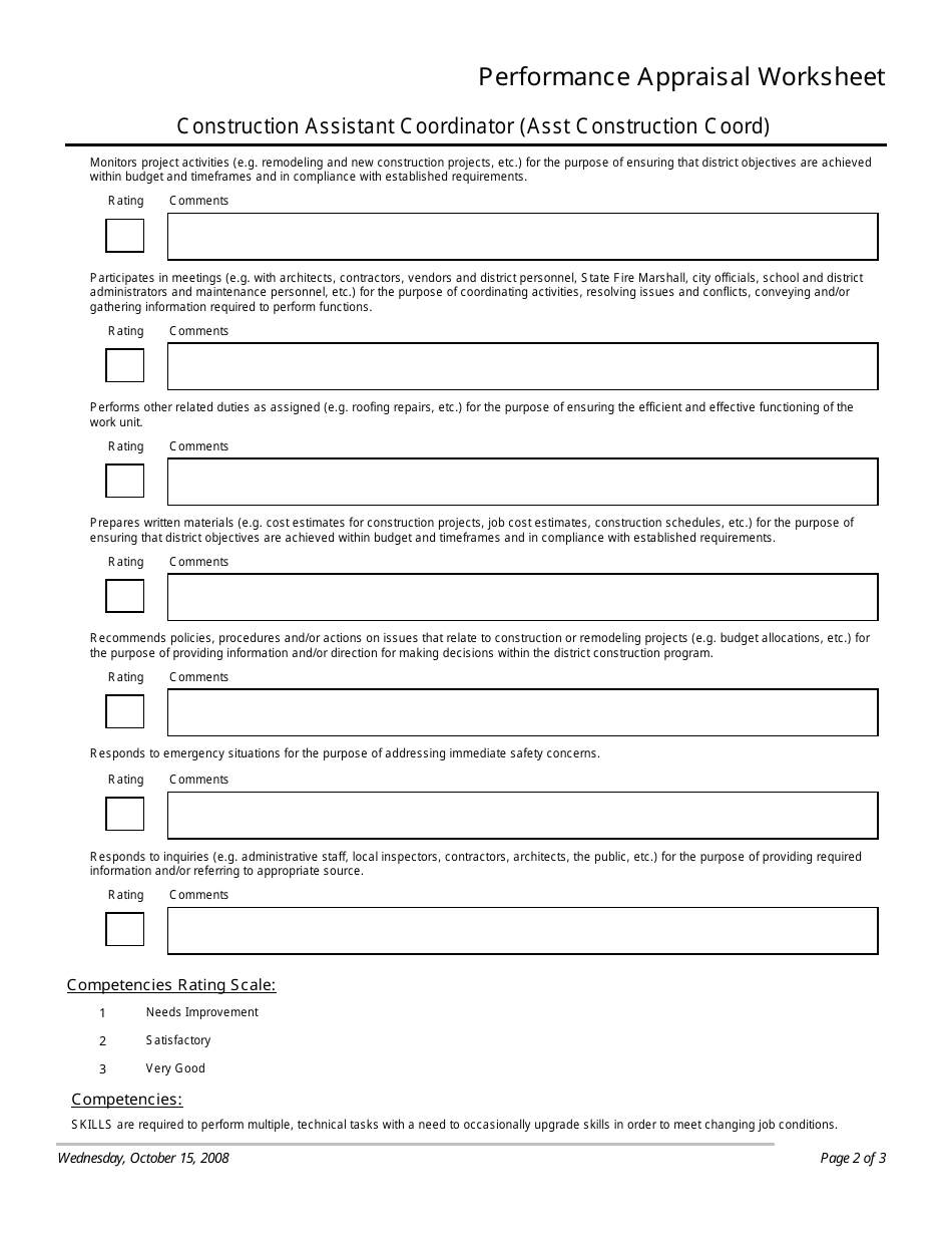Performance Appraisal Worksheet Template - Construction Assistant Coordinator (Asst Construction Coord), Page 2