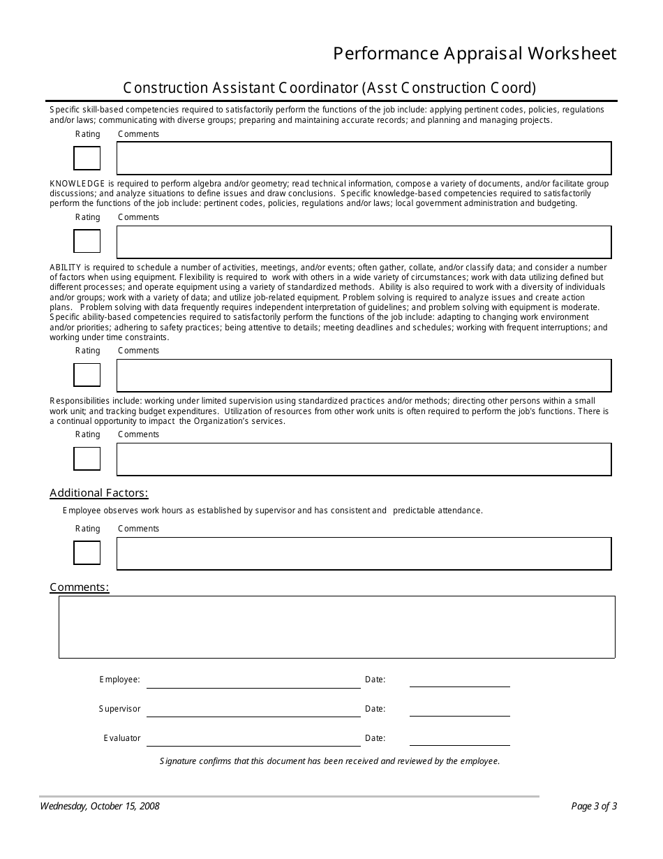 Performance Appraisal Worksheet Template - Construction Assistant Coordinator (Asst Construction Coord), Page 3