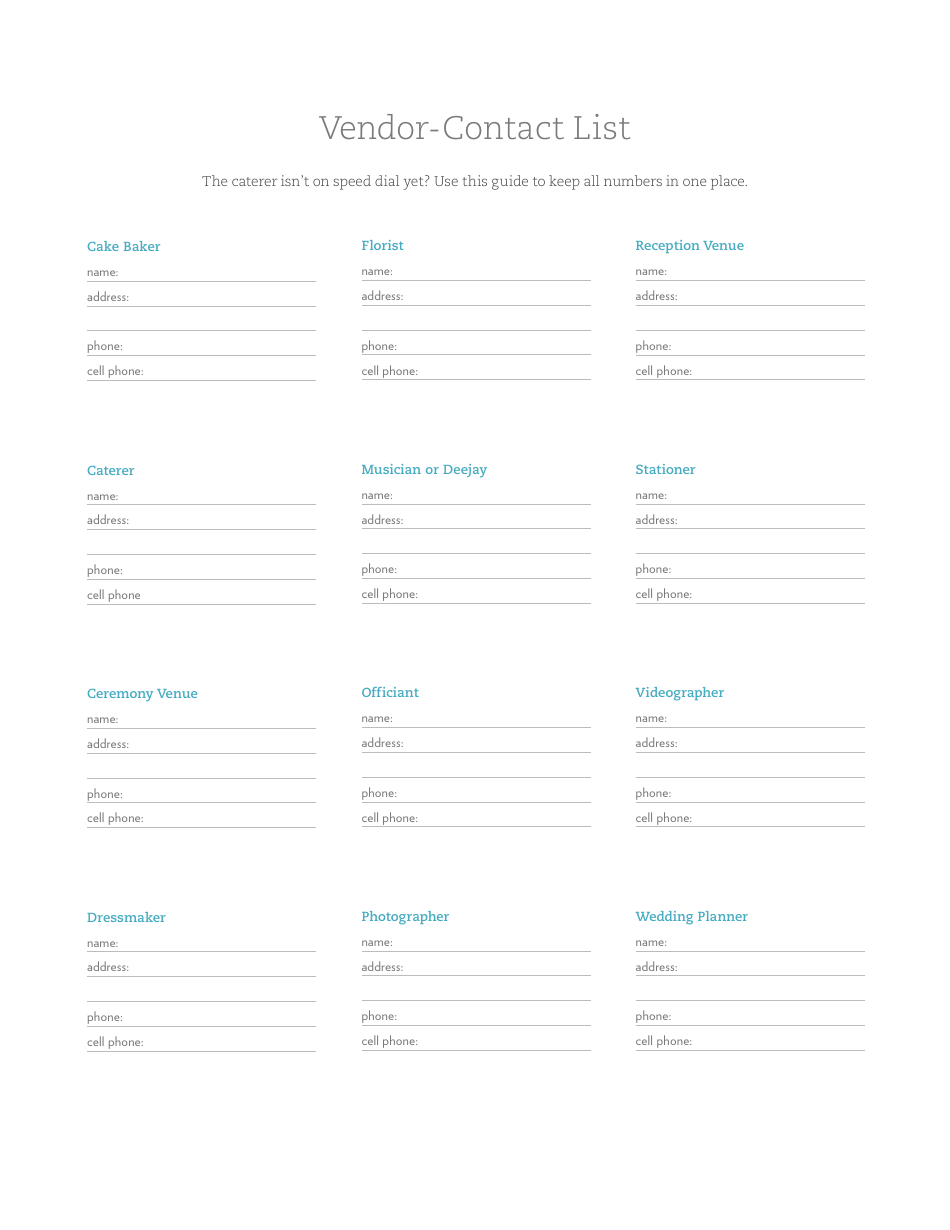 Vendor Contact List Template, Page 1